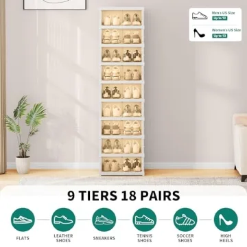 YITAHOME 9 Tiers-18 Pairs Easy Assembly Shoe Organizer Storage Box for Closet, Foldable Shoe Rack with Magnetic Doors, Collapsible Sneaker Cabinet for Entryway, Living Room, Bedroom (White)