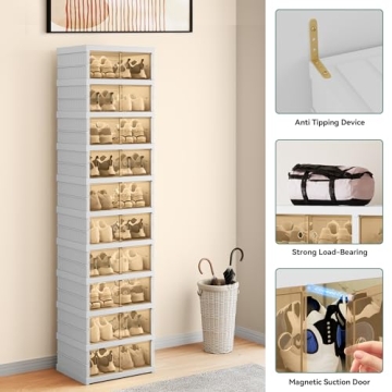 YITAHOME 9 Tiers-18 Pairs Easy Assembly Shoe Organizer Storage Box for Closet, Foldable Shoe Rack with Magnetic Doors, Collapsible Sneaker Cabinet for Entryway, Living Room, Bedroom (White)