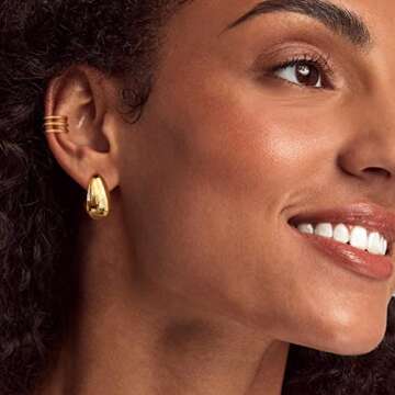 ORNAPEADIA Gold Hoop Earrings for Women Chunky Thick Wide Dome Stud Half Open C Shape 18K Gold Filled Small Simple Hypoallergenic Jewelry