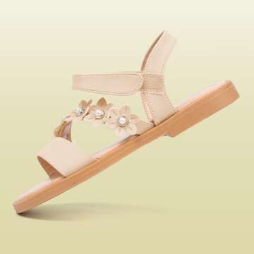 PANDANINJIA Diana Nude Girls Sandals Cute Flower Open Toe Summer Flats Dress Sandals Shoes Toddler/Little Kid/Big Kid (Nude Nubuck, 8 M US Toddler)