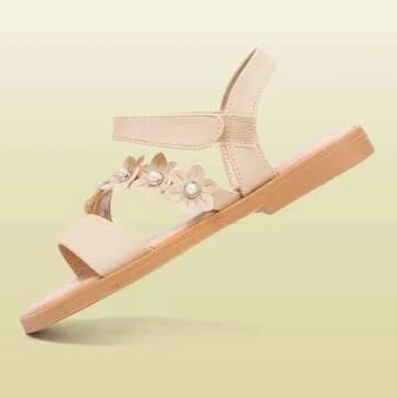 PANDANINJIA Diana Nude Girls Sandals Cute Flower Open Toe Summer Flats Dress Sandals Shoes Toddler/Little Kid/Big Kid (Nude Nubuck, 8 M US Toddler)