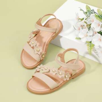 PANDANINJIA Diana Nude Girls Sandals Cute Flower Open Toe Summer Flats Dress Sandals Shoes Toddler/Little Kid/Big Kid (Nude Nubuck, 8 M US Toddler)