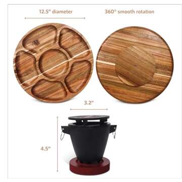 PuPu Platter Mini Hibachi Grill Platter Set - 5 Compartment Bowl Tray 12.6" Diameter with Rotating Lazy Susan - Quality Cast Iron Grill, 3.5" x 3.5" X 4.8", Indoor Mini Smores Maker