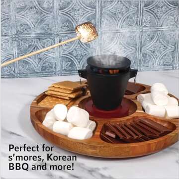 PuPu Platter Mini Hibachi Grill Platter Set - 5 Compartment Bowl Tray 12.6" Diameter with Rotating Lazy Susan - Quality Cast Iron Grill, 3.5" x 3.5" X 4.8", Indoor Mini Smores Maker