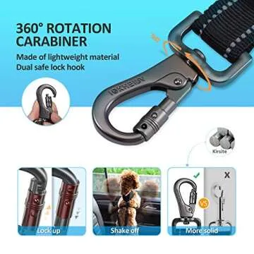 Dog Seat Belt 3-in-1 Car Harness for Dogs Adjustable Safety Seatbelt for Car Durable Nylon Reflective Bungee Fabric Tether with Clip Hook Latch & Buckle, Swivel Zinc Alloy Carabiner (Black)
