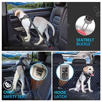 Dog Seat Belt 3-in-1 Car Harness for Dogs Adjustable Safety Seatbelt for Car Durable Nylon Reflective Bungee Fabric Tether with Clip Hook Latch & Buckle, Swivel Zinc Alloy Carabiner (Black)