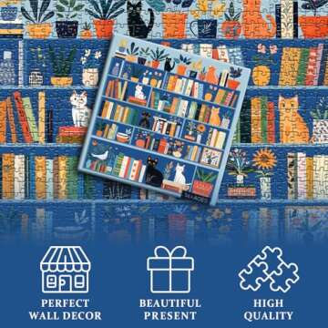 LORKAKO Cat Puzzles for Adults 1000 Pieces, Kitty Cat Bookshelf Puzzle Plant, Flower Kitten Jigsaw Puzzle, Book Challenging Jigsaw Puzzle Botanical
