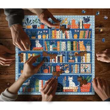 LORKAKO Cat Puzzles for Adults 1000 Pieces, Kitty Cat Bookshelf Puzzle Plant, Flower Kitten Jigsaw Puzzle, Book Challenging Jigsaw Puzzle Botanical