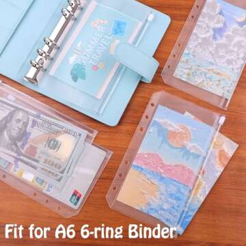 Antner 12pcs A6 Size Binder Pockets 6 Holes Budget Cash Envelopes for Budgeting, Clear Zipper Folders Loose Leaf Bags for A6 6-Ring Budget Binder, Waterproof PVC Document Pouch Filing Bags