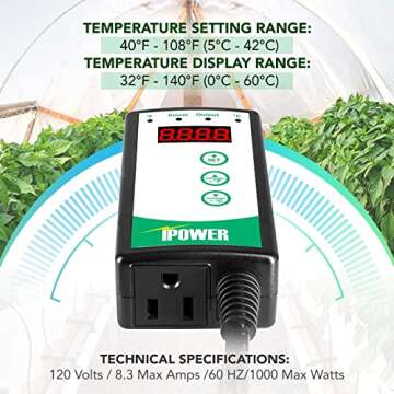 iPower Digital Thermostat Controller for Heat Mat, Seed Germination, Reptiles and Brewing Breeding Incubation Greenhouse, 40-108°F