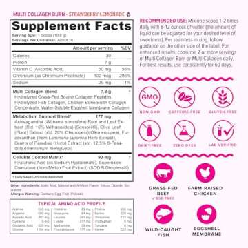 Multi Collagen Burn: Hydrolyzed Protein Peptides with Hyaluronic Acid, Vitamin C, SOD B Dimpless, Types I, II, III, V and X, Caffeine-Free Strawberry Lemonade Flavored 30 Servings