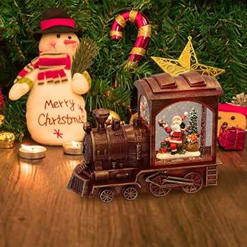 Eldnacele Singing Christmas Train Snow Globe with Music & Timer, Lighted-up Battery Operated Glittering Lantern for Christmas Table Centerpiece Decoration and Gift- Santa