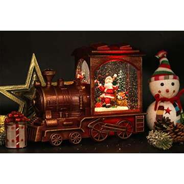 Eldnacele Singing Christmas Train Snow Globe with Music & Timer, Lighted-up Battery Operated Glittering Lantern for Christmas Table Centerpiece Decoration and Gift- Santa
