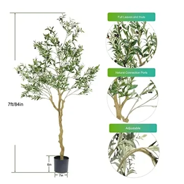 Nafresh Tall Faux Olive Tree，7ft（84in） Realistic Potted Silk Artificial Indoor with Green Leaves and Big Fruits for Home Office Living Room Bedroom Stairs Foyer Decor.