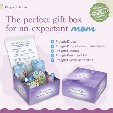 Three Lollies Preggie Gift Box - Natural Pregnancy Nausea Relief Essentials with Lozenges, Hydration...