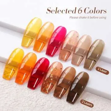 Born Pretty Jelly Gel Nail Polish Sheer Crystal Transparent Gel Polish Set Fall Winter Translucent Clear Gel Polish Red Coral Burnt Orange Grey Amber Brown 6 Colors Manicure Kit