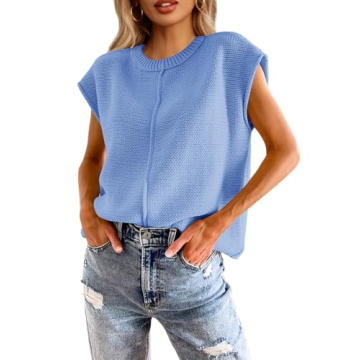 Saodimallsu Womens Summer Tops Casual Crew Neck Cap Sleeve Loose Fit Knit Lightweight Sweater Pullov...