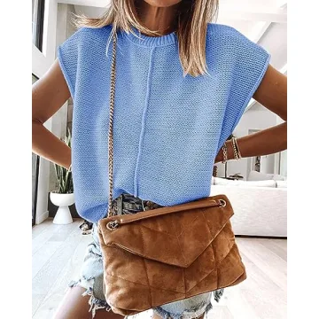 Saodimallsu Womens Summer Tops Casual Crew Neck Cap Sleeve Loose Fit Knit Lightweight Sweater Pullover Top Blue