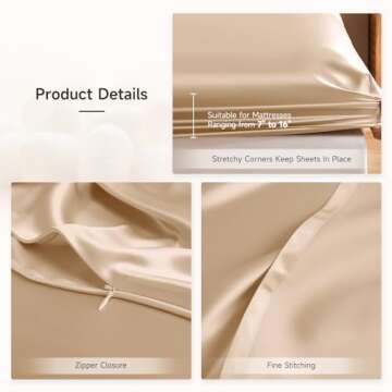 THXSILK Silk Queen Fitted Sheet 3Pcs Set, 6A+ Top Grade 100% Pure Mulberry Silk Bed Sheets Set Luxury Bedding Sheet for Hair and Skin, 1 Fitted Sheet with 2 Pillowcases, Champagne