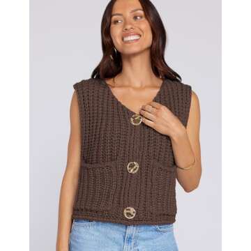 UEU Women's Knit Cardigan Sweaters Casual Long Sleeve Open Front Button Down Tank Tops Dark Coffee Large