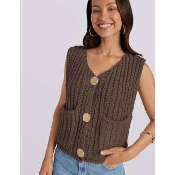 UEU Women's Knit Cardigan Sweaters Casual Long Sleeve Open Front Button Down Tank Tops Dark Coffee Large