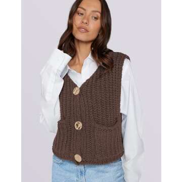 UEU Women's Knit Cardigan Sweaters Casual Long Sleeve Open Front Button Down Tank Tops Dark Coffee Large