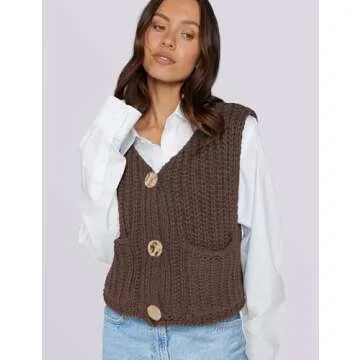 UEU Women's Knit Cardigan Sweaters Casual Long Sleeve Open Front Button Down Tank Tops Dark Coffee Large