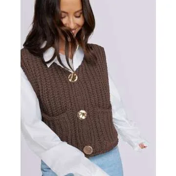 UEU Women's Knit Cardigan Sweaters Casual Long Sleeve Open Front Button Down Tank Tops Dark Coffee Large