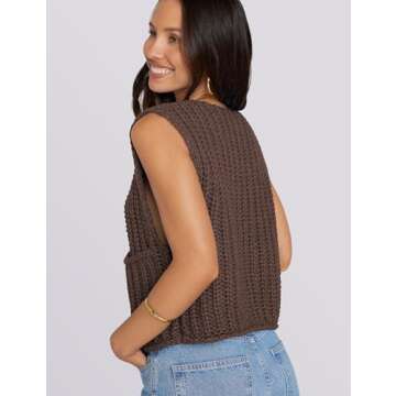 UEU Women's Knit Cardigan Sweaters Casual Long Sleeve Open Front Button Down Tank Tops Dark Coffee Large