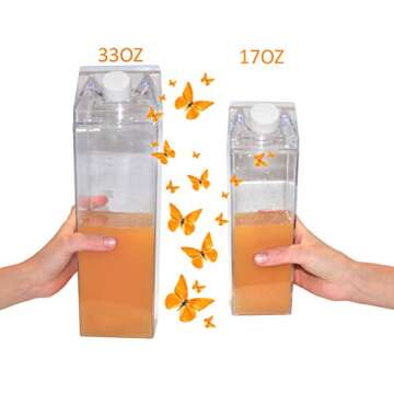Big 33 ounce 1L Milk carton water bottle 1000ml Clear Square plastic acrylic reusable jug bulk container box travel outdoor crystal sports cup juice fridge gym kawaii (Clear, 33 OZ)