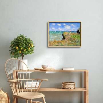 Wieco Art Framed Gallery Wrapped Canvas Print Wall Art Cliff Walk at Pourville,1882 by Claude Monet Mondern Classic Art Print Picture Artwork for living room Home Decorations Bronze Gold Frame