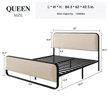 Allewie Queen Metal Bed Frame with Upholstered Headboard