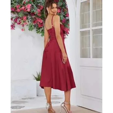 Wedding Guest Dresses for Women Midi Corset Lace Up A Line Dress Solid Flowy Slit Going Out Sundress for Tea Party