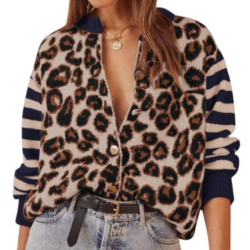 ACCPUR Leopard Striped Cardigans for Women Cheetah Open Front Sweater Knit Button Down Fall Clothes ...