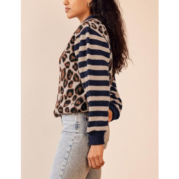 ACCPUR Leopard Striped Cardigans for Women Cheetah Open Front Sweater Knit Button Down Fall Clothes Long Sleeve Outwear Coats