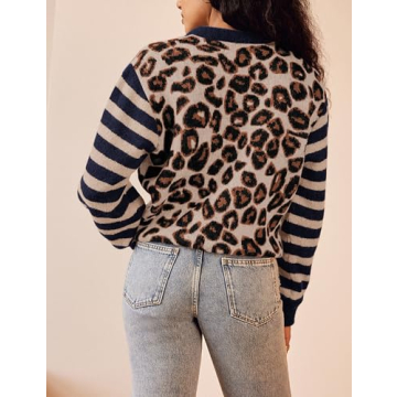 ACCPUR Leopard Striped Cardigans for Women Cheetah Open Front Sweater Knit Button Down Fall Clothes Long Sleeve Outwear Coats