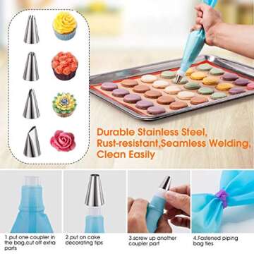 Macaron Silicone Baking Mats Kit (16pcs set) Macaroon Baking Mat Set of 2 Half Sheet Macaron Silicone Mat Nonstick Macaron Mat Sheet,6 Piping Tip,2 Piping Bag with 3 Bag Tie,2 coupler