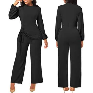 Bttup Women Wide Leg Jumpsuit Elegant Crew Neck Long Sleeves Hight Waist One Piece Jumpsuit Casual Straight Long Pants Wide Leg Pants Jumpsuit Romper