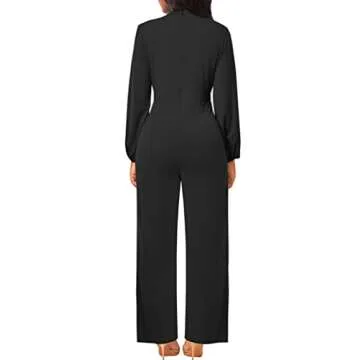 Bttup Women Wide Leg Jumpsuit Elegant Crew Neck Long Sleeves Hight Waist One Piece Jumpsuit Casual Straight Long Pants Wide Leg Pants Jumpsuit Romper