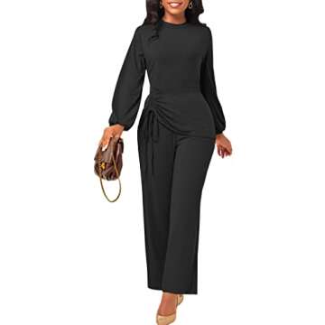 Bttup Women Wide Leg Jumpsuit Elegant Crew Neck Long Sleeves Hight Waist One Piece Jumpsuit Casual Straight Long Pants Wide Leg Pants Jumpsuit Romper