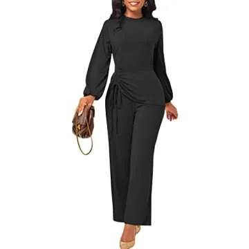 Bttup Women Wide Leg Jumpsuit Elegant Crew Neck Long Sleeves Hight Waist One Piece Jumpsuit Casual Straight Long Pants Wide Leg Pants Jumpsuit Romper