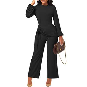 Bttup Women Wide Leg Jumpsuit Elegant Crew Neck Long Sleeves Hight Waist One Piece Jumpsuit Casual Straight Long Pants Wide Leg Pants Jumpsuit Romper