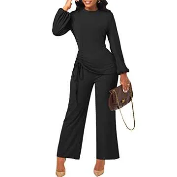 Bttup Women Wide Leg Jumpsuit Elegant Crew Neck Long Sleeves Hight Waist One Piece Jumpsuit Casual Straight Long Pants Wide Leg Pants Jumpsuit Romper