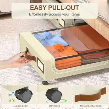 GoMaihe Under Bed Storage with Wheels: XXL 48L Underbed Storage Containers with Clear Lids - Rolling Drawers & Bins for Shoes Clothes in Dorm Bedroom - Space-Saving Easy Pull-out Beige 2-Pack