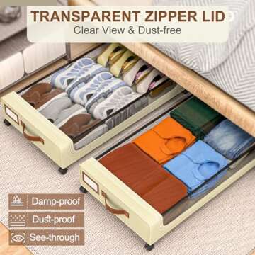 GoMaihe Under Bed Storage with Wheels: XXL 48L Underbed Storage Containers with Clear Lids - Rolling Drawers & Bins for Shoes Clothes in Dorm Bedroom - Space-Saving Easy Pull-out Beige 2-Pack