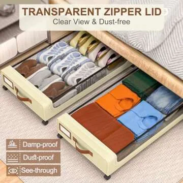 GoMaihe Under Bed Storage with Wheels: XXL 48L Underbed Storage Containers with Clear Lids - Rolling Drawers & Bins for Shoes Clothes in Dorm Bedroom - Space-Saving Easy Pull-out Beige 2-Pack