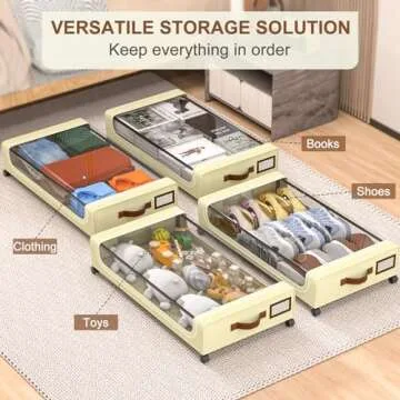 GoMaihe Under Bed Storage with Wheels: XXL 48L Underbed Storage Containers with Clear Lids - Rolling Drawers & Bins for Shoes Clothes in Dorm Bedroom - Space-Saving Easy Pull-out Beige 2-Pack