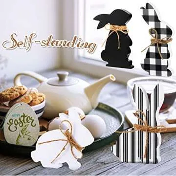 4 Pcs Easter Bunny Table Wooden Signs Bunny Shaped Farmhouse Decor Spring Rabbit Wood Tabletop Decorations Easter Rabbit Dining Room Table Decor Sign with Rope(Plain Black White)