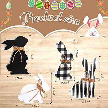 4 Pcs Easter Bunny Table Wooden Signs Bunny Shaped Farmhouse Decor Spring Rabbit Wood Tabletop Decorations Easter Rabbit Dining Room Table Decor Sign with Rope(Plain Black White)