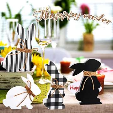 4 Pcs Easter Bunny Table Wooden Signs Bunny Shaped Farmhouse Decor Spring Rabbit Wood Tabletop Decorations Easter Rabbit Dining Room Table Decor Sign with Rope(Plain Black White)